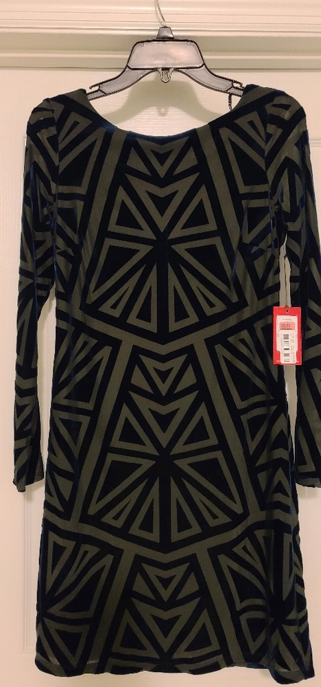Vince Camuto Olive Green and Black Geometric Long Sleeve Dress
